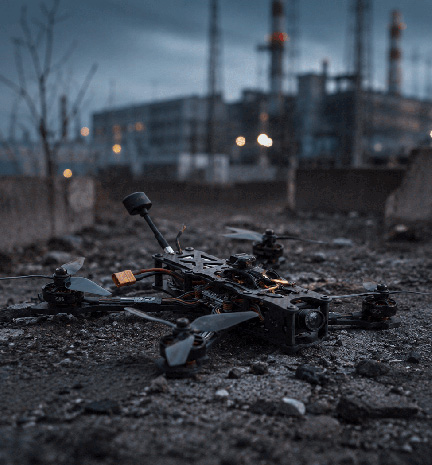 Damaged FPV drone illustrating the counter-UAS threat to critical infrastructure